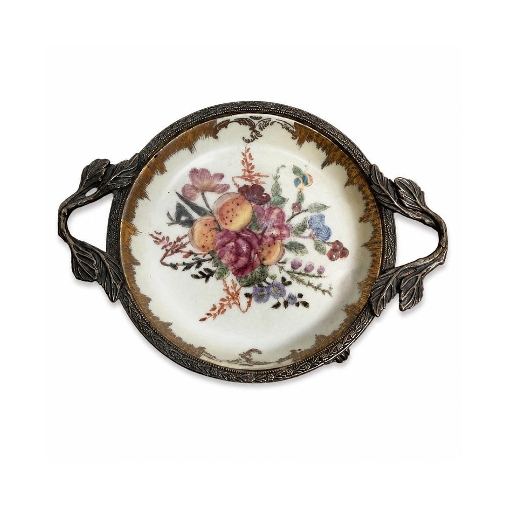 Antique Porcelain Bonbon Dish Brass Mount Floral Fruit Vanity‎ Bowl c1910s